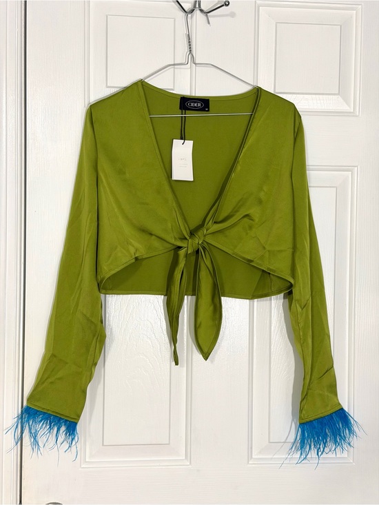 Cider Tops - Cider Green Tie-Front Crop Top with Blue Feather Cuffs Medium NWT